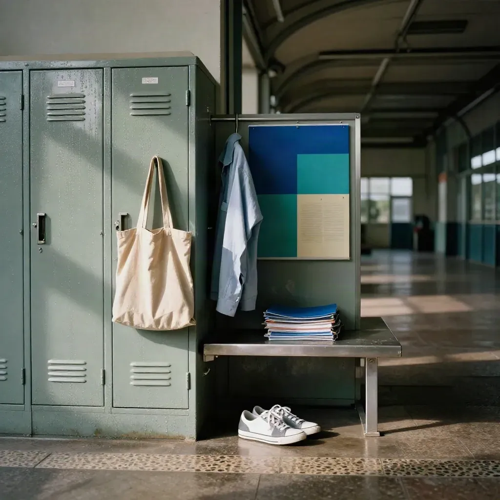 Verlaten jongerenwerk-hub in stationshal met lockers, sneakers, tote en prikbord in ochtendlicht.