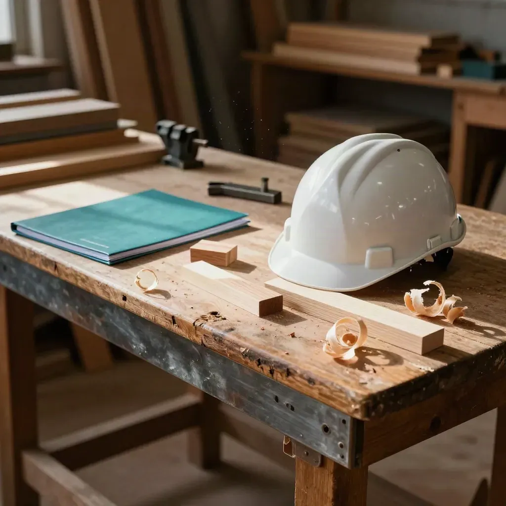 Timmeratelier met werkbank, helm, houtstukken en gesloten stage-map in warm licht.