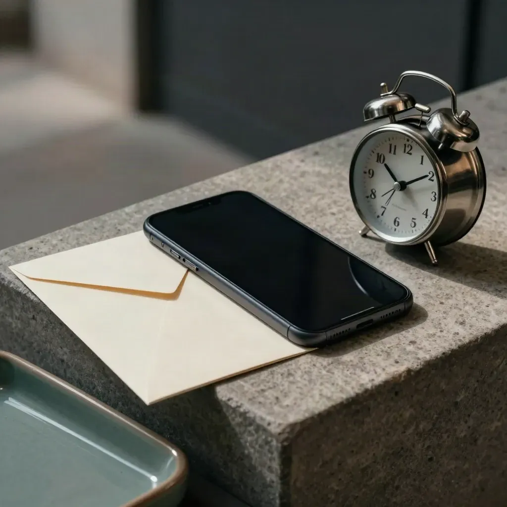 Donkere telefoon, envelop, notitiekaart en klokje op een stenen ledge in zacht teal licht.