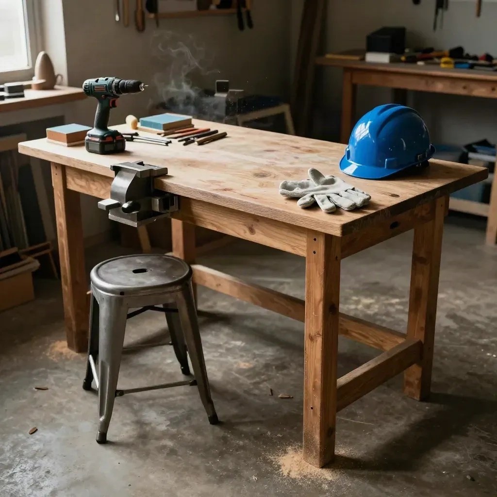 Klaarstaande stagewerkplek in een creatieve werkplaats met helm, gereedschap en stoel.
