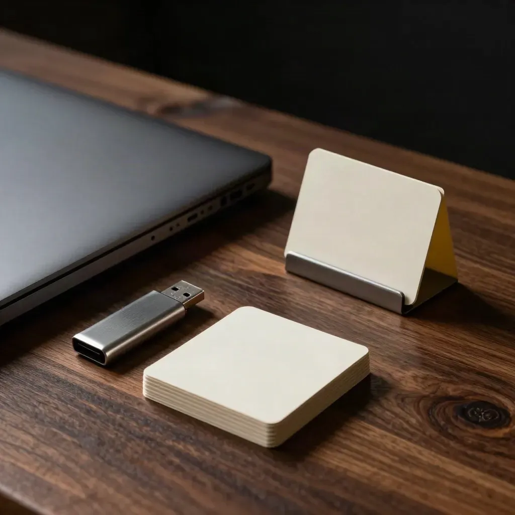 Donkere still life met laptop, usb-stick, kaartjes en kaartstandaard op een houten plank.