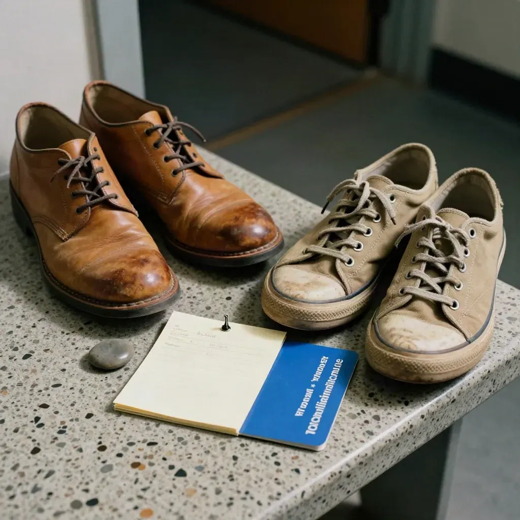 Close-up van twee paar schoenen, een gevouwen kaart en een transitpas op een stenen bank.