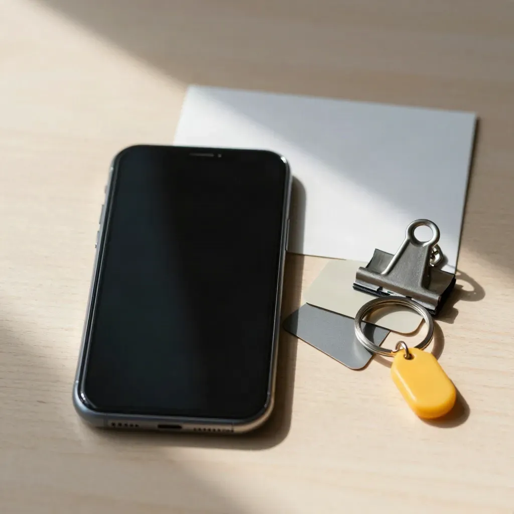 Smartphone, tabbladen, mapclip en sleutelhanger op licht hout voor zoeken naar werk