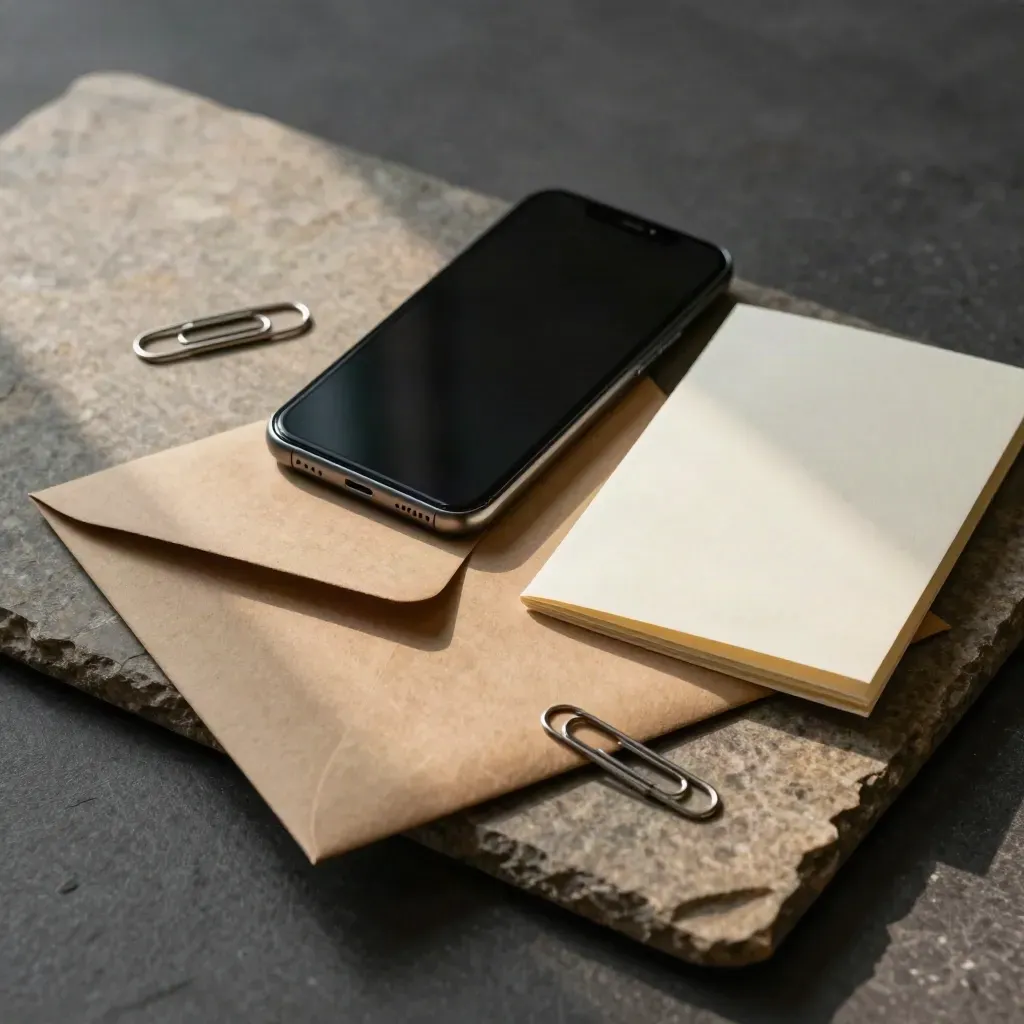 Envelop, telefoon, paperclip en gevouwen kaart op kalksteen, klaar om te versturen.