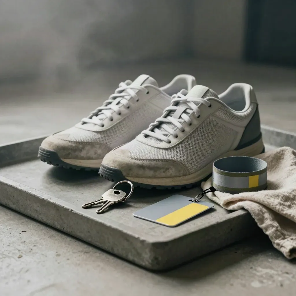 Werksneakers, sleutel, OV-kaart en reflecterende band op een stenen tray