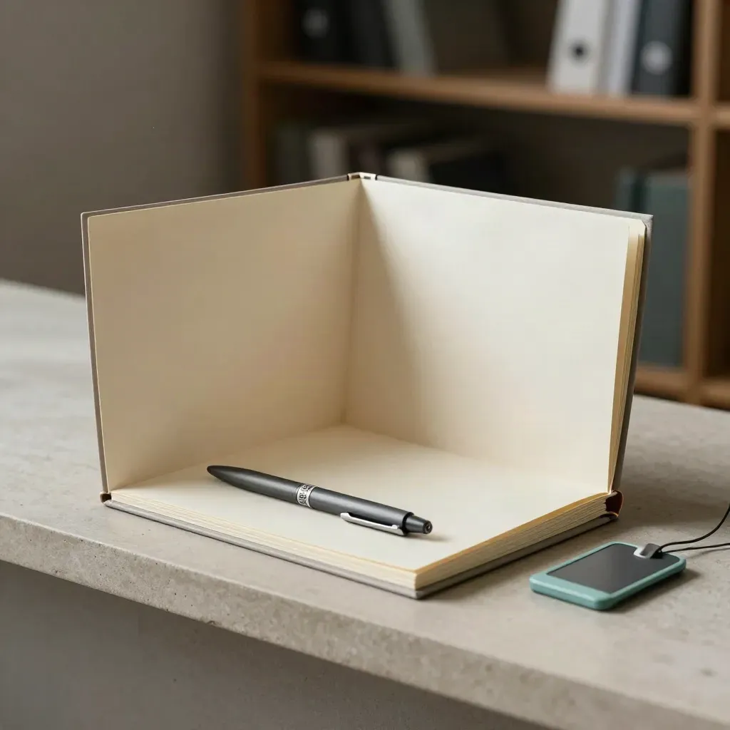 Open profielmap met tabbladen, pen en badgehouder op een lichte pleisterplank.