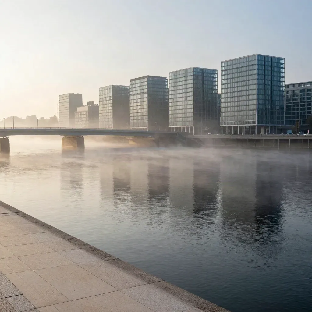 Mistige Randstad bij zonsopkomst met bruggen, water en moderne gevels.